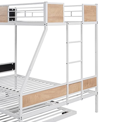 Twin Over Full Bunk Bed Frame with Trundle, Metal Bunkbed with Sturdy Guard Rail and Ladder for Girls/Boys/ Adults, No Box Spring Needed, Noise Free for Dorm, Bedroom, Guest Room (White)