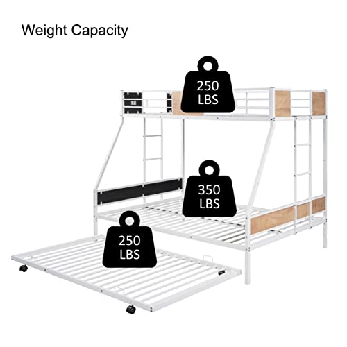 Twin Over Full Bunk Bed Frame with Trundle, Metal Bunkbed with Sturdy Guard Rail and Ladder for Girls/Boys/ Adults, No Box Spring Needed, Noise Free for Dorm, Bedroom, Guest Room (White)