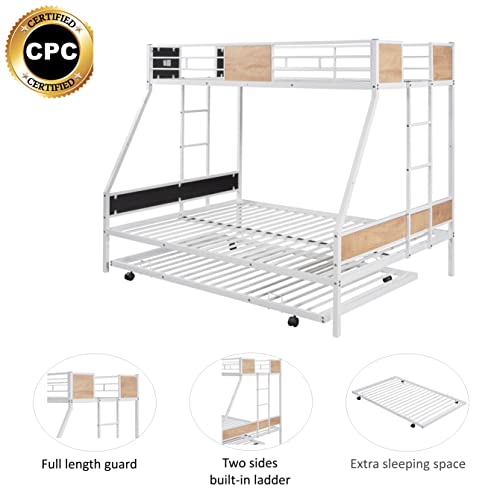 Twin Over Full Bunk Bed Frame with Trundle, Metal Bunkbed with Sturdy Guard Rail and Ladder for Girls/Boys/ Adults, No Box Spring Needed, Noise Free for Dorm, Bedroom, Guest Room (White)