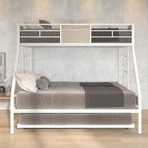 Twin Over Full Bunk Bed Frame with Trundle, Metal Bunkbed with Sturdy Guard Rail and Ladder for Girls/Boys/ Adults, No Box Spring Needed, Noise Free for Dorm, Bedroom, Guest Room (White)