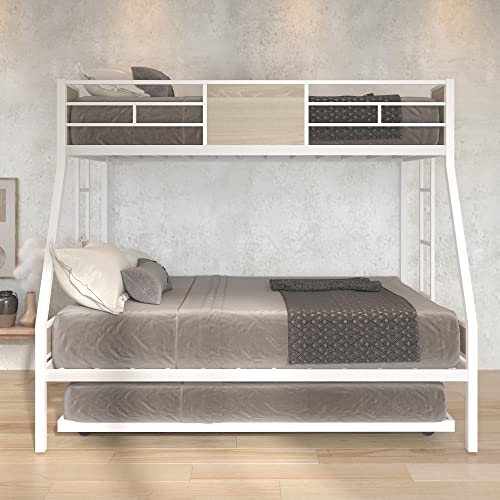 Twin Over Full Bunk Bed Frame with Trundle, Metal Bunkbed with Sturdy Guard Rail and Ladder for Girls/Boys/ Adults, No Box Spring Needed, Noise Free for Dorm, Bedroom, Guest Room (White)