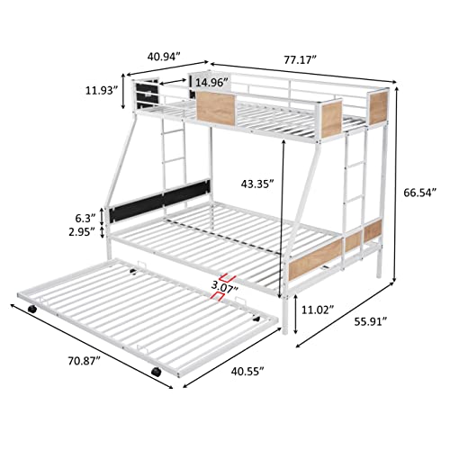 Twin Over Full Bunk Bed Frame with Trundle, Metal Bunkbed with Sturdy Guard Rail and Ladder for Girls/Boys/ Adults, No Box Spring Needed, Noise Free for Dorm, Bedroom, Guest Room (White)