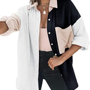 Dokotoo Women's Comfy Color Block Button-Up Shirt, Roll-Up Long Sleeve, Soft Oversized Boyfriend Top, Beach Cover, Black XL