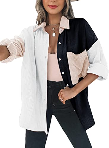 Dokotoo Women's Comfy Color Block Button-Up Shirt, Roll-Up Long Sleeve, Soft Oversized Boyfriend Top, Beach Cover, Black XL