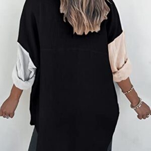 Dokotoo Women's Comfy Color Block Button-Up Shirt, Roll-Up Long Sleeve, Soft Oversized Boyfriend Top, Beach Cover, Black XL