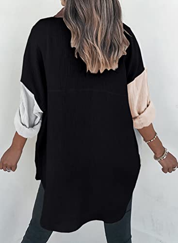 Dokotoo Women's Comfy Color Block Button-Up Shirt, Roll-Up Long Sleeve, Soft Oversized Boyfriend Top, Beach Cover, Black XL