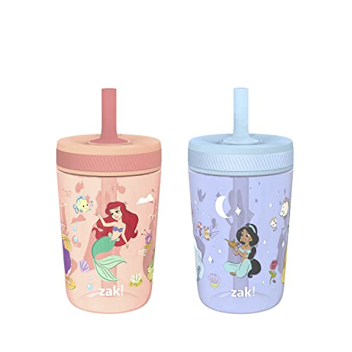 Zak Designs Disney Princess Kelso Toddler Cups For Travel or Home, 15oz 2-Pack Durable Plastic Sippy Cups, Leak-Proof For Kids (Ariel, Aurora, Belle, Cinderella, Jasmine, Mulan, Rapunzel, Tiana)