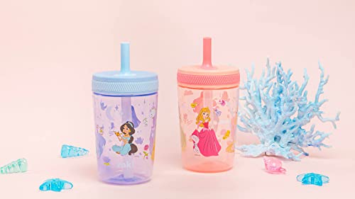 Zak Designs Disney Princess Kelso Toddler Cups For Travel or Home, 15oz 2-Pack Durable Plastic Sippy Cups, Leak-Proof For Kids (Ariel, Aurora, Belle, Cinderella, Jasmine, Mulan, Rapunzel, Tiana)