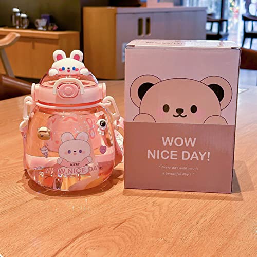 JQWSVE Kawaii Water Bottle with Straw Cute Water Bottles 46oz Big Belly Water Bottle Large Capacity Kawaii Bear Bottle Cute Cartoon Drinking Bottle for Milk Juice Tea