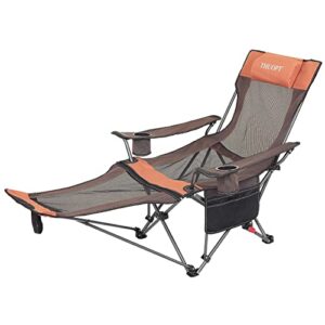 thuopt camping folding mesh chair with collapsible footrest adjustable backrest for adults, portable lightweight reclining foldable chair with pillow cup holder for outdoor in summer
