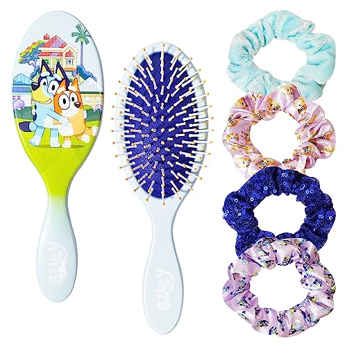 Bluey Hair Accessory 5 Pcs Set - 1 Regular 9 inch Bluey Hair Brush For Girls + 4 Bluey Scrunchies For Kids - Hair Accessories For Girls - Detangling Brush - Elastic Hair Ties Ropes Scrunchies Ages 3+