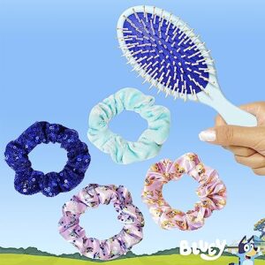 Bluey Hair Accessory 5 Pcs Set - 1 Regular 9 inch Bluey Hair Brush For Girls + 4 Bluey Scrunchies For Kids - Hair Accessories For Girls - Detangling Brush - Elastic Hair Ties Ropes Scrunchies Ages 3+