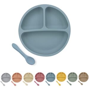 rq brothers suction plates for baby - first meal silicone baby feeding set with spoon baby plates with suction bpa free silicone plates for baby divided design baby plates (dusty blue)