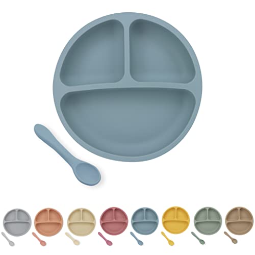 RQ Brothers Suction Plates for Baby - First Meal Silicone Baby Feeding Set with Spoon Baby Plates with Suction BPA Free Silicone Plates for Baby Divided Design Baby Plates (Dusty Blue)