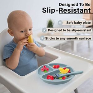 RQ Brothers Suction Plates for Baby - First Meal Silicone Baby Feeding Set with Spoon Baby Plates with Suction BPA Free Silicone Plates for Baby Divided Design Baby Plates (Dusty Blue)