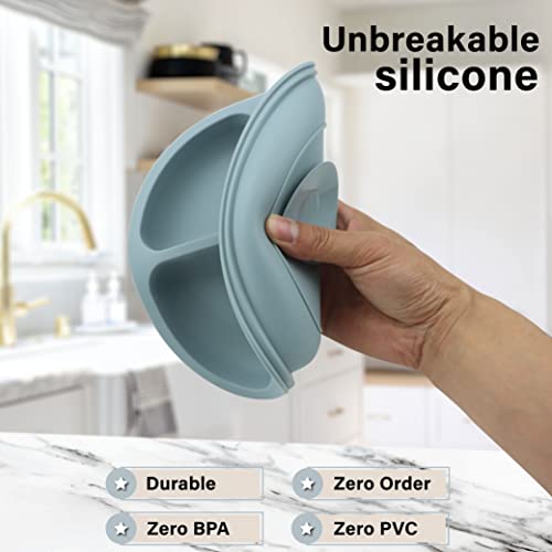 RQ Brothers Suction Plates for Baby - First Meal Silicone Baby Feeding Set with Spoon Baby Plates with Suction BPA Free Silicone Plates for Baby Divided Design Baby Plates (Dusty Blue)