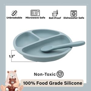 RQ Brothers Suction Plates for Baby - First Meal Silicone Baby Feeding Set with Spoon Baby Plates with Suction BPA Free Silicone Plates for Baby Divided Design Baby Plates (Dusty Blue)