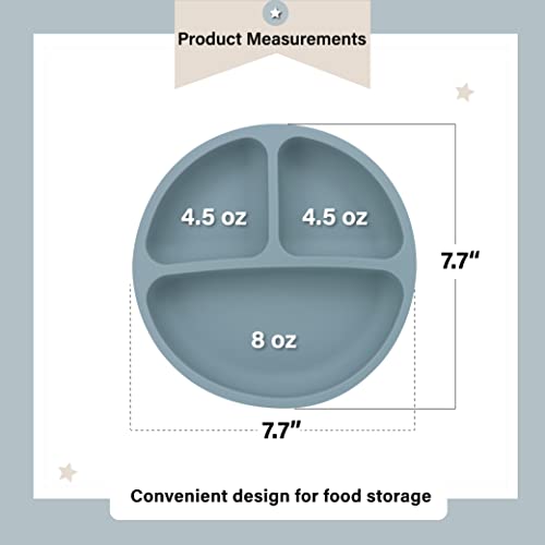 RQ Brothers Suction Plates for Baby - First Meal Silicone Baby Feeding Set with Spoon Baby Plates with Suction BPA Free Silicone Plates for Baby Divided Design Baby Plates (Dusty Blue)