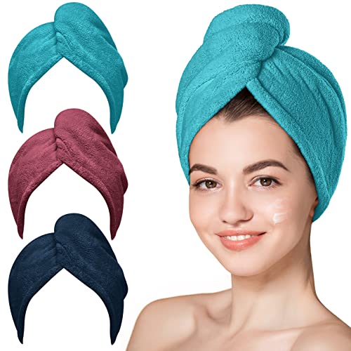 Hicober Microfiber Hair Towel, Hair Towel Wrap Turbans for Women,Hair Drying Towel Wrap Hair Accessories for Women Girls-Plum,Navy,Aqua Green,3Packs