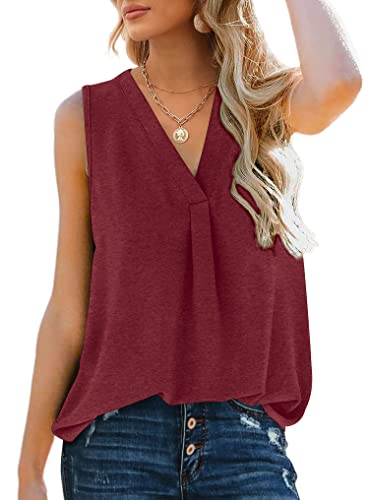 Womens Tops Dressy Casual V Neck Sleeveless Tunic Tops Loose Fit Red Small