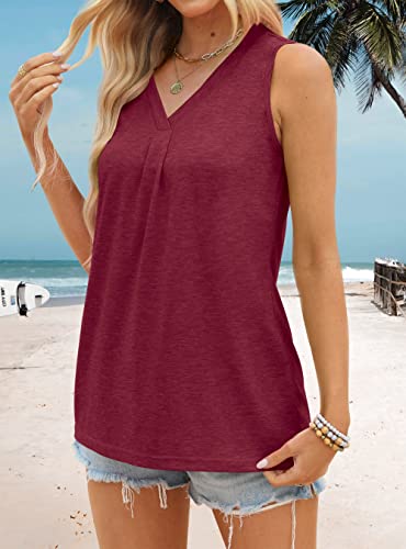 Womens Tops Dressy Casual V Neck Sleeveless Tunic Tops Loose Fit Red Small