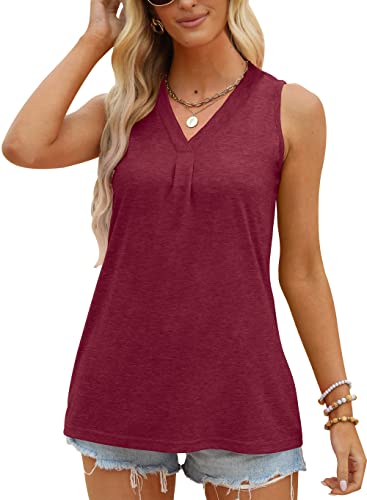 Womens Tops Dressy Casual V Neck Sleeveless Tunic Tops Loose Fit Red Small