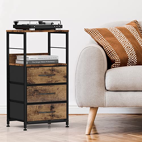 NORCEESAN Nightstand with Drawers, Bedroom Side Table Night Stand with Storage Shelf End Table with Fabric Storage Industrial Bedside Table for Living Room Dorm, Rustic Brown and Black