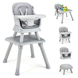 baby joy baby high chair, 8 in 1 convertible highchair for babies & toddlers | booster seat | table and chair set | building block table | toddler chair with safety harness, removable tray (gray)