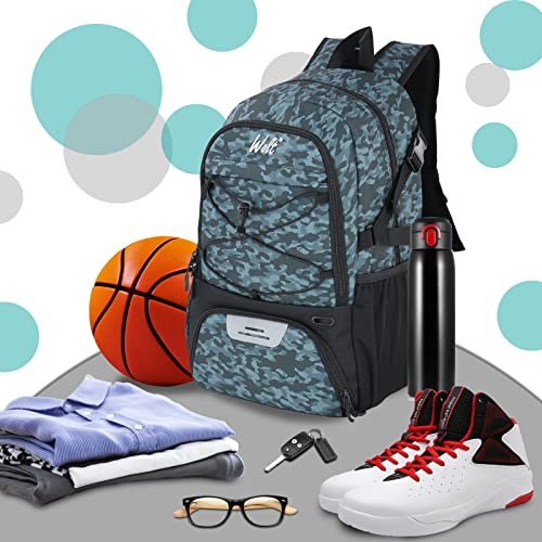 WOLT | Basketball Equipment Backpack, Large Sports Bag with Separate Ball holder & Shoes compartment, Best for Basketball, Soccer, Volleyball, Swim, Gym, Travel (Camouflage Grey)