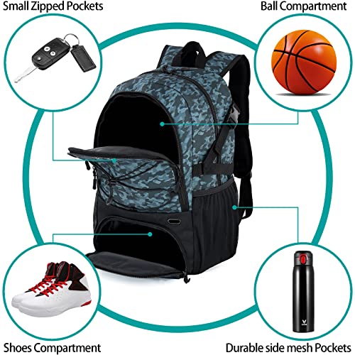 WOLT | Basketball Equipment Backpack, Large Sports Bag with Separate Ball holder & Shoes compartment, Best for Basketball, Soccer, Volleyball, Swim, Gym, Travel (Camouflage Grey)