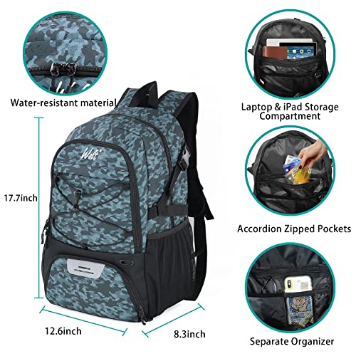 WOLT | Basketball Equipment Backpack, Large Sports Bag with Separate Ball holder & Shoes compartment, Best for Basketball, Soccer, Volleyball, Swim, Gym, Travel (Camouflage Grey)