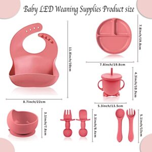 MAXTIL 8 Pcs Baby LED Weaning Supplies, Silicone Baby Feeding Set Silicone Suction Plates For Baby And Baby Bowl with Straw and Lid Baby Feeding Supplies Set