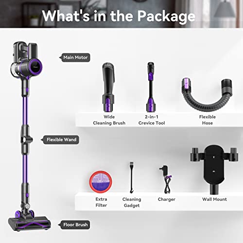 POWEART Cordless Vacuum Cleaner, 8-in-1 Cordless Stick Vacuum 30Kpa Powerful Suction, 8-Cell 2600mAh Battery 350W Rechargeable Vacuum Cleaner Cordless for Hard Floor Carpet Pet Hair - Violet