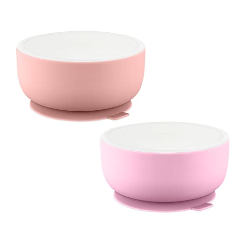 HIWOOD Baby Suction Bowls with Leakproof Premium Plastic Lids, Super Strong Suction Bowl for Babies & Toddlers, First Feeding Baby Silicone Bowls, Dishwasher Microwave & Freezer Safe (Set of 2)