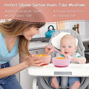 HIWOOD Baby Suction Bowls with Leakproof Premium Plastic Lids, Super Strong Suction Bowl for Babies & Toddlers, First Feeding Baby Silicone Bowls, Dishwasher Microwave & Freezer Safe (Set of 2)