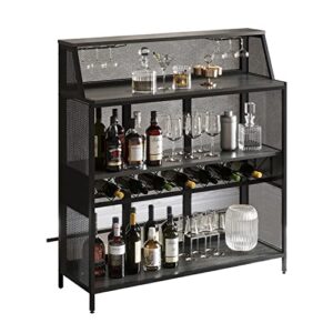rehoopex home bar, 4 tier industrial 51in bar cabinet, farmhouse liquor cabinet with footrest, wood bar cabinet wine storage shelf, metal buffet cabinet for home, kitchen, pub (black)