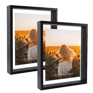 wiftrey black 8x10 floating picture frame 2 pack, double glass distressed floating photo frame for tabletop or wall mount, displays photo up to 10x12