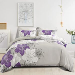 3 pieces duvet cover set queen purple floral pattern comforter cover set elegant boho lily duvet cover with 2 pillow cases breathable microfiber bedding duvet cover set all season (purple, 90"x90")