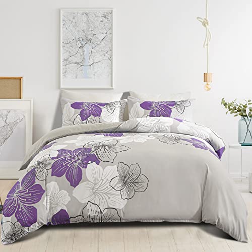 3 Pieces Duvet Cover Set Queen Purple Floral Pattern Comforter Cover Set Elegant Boho Lily Duvet Cover with 2 Pillow Cases Breathable Microfiber Bedding Duvet Cover Set All Season (Purple, 90"x90")