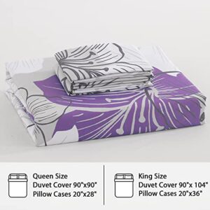 3 Pieces Duvet Cover Set Queen Purple Floral Pattern Comforter Cover Set Elegant Boho Lily Duvet Cover with 2 Pillow Cases Breathable Microfiber Bedding Duvet Cover Set All Season (Purple, 90"x90")