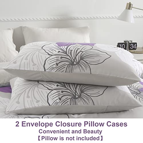 3 Pieces Duvet Cover Set Queen Purple Floral Pattern Comforter Cover Set Elegant Boho Lily Duvet Cover with 2 Pillow Cases Breathable Microfiber Bedding Duvet Cover Set All Season (Purple, 90"x90")