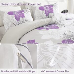 3 Pieces Duvet Cover Set Queen Purple Floral Pattern Comforter Cover Set Elegant Boho Lily Duvet Cover with 2 Pillow Cases Breathable Microfiber Bedding Duvet Cover Set All Season (Purple, 90"x90")