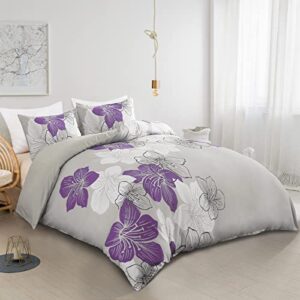 3 Pieces Duvet Cover Set Queen Purple Floral Pattern Comforter Cover Set Elegant Boho Lily Duvet Cover with 2 Pillow Cases Breathable Microfiber Bedding Duvet Cover Set All Season (Purple, 90"x90")