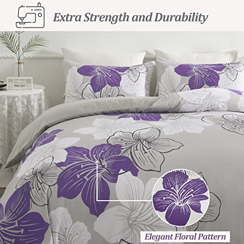 3 Pieces Duvet Cover Set Queen Purple Floral Pattern Comforter Cover Set Elegant Boho Lily Duvet Cover with 2 Pillow Cases Breathable Microfiber Bedding Duvet Cover Set All Season (Purple, 90"x90")