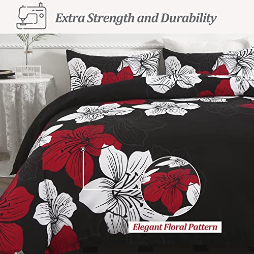 Black Duvet Cover Set King Red Floral Pattern Comforter Cover Boho Lily Floral Duvet Cover with 2 Pillow Cases Lightweight Microfiber Elegant Bedding Duvet Cover Set All Season 90"x 104"