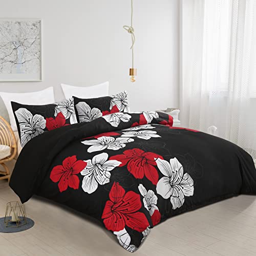 Black Duvet Cover Set King Red Floral Pattern Comforter Cover Boho Lily Floral Duvet Cover with 2 Pillow Cases Lightweight Microfiber Elegant Bedding Duvet Cover Set All Season 90"x 104"