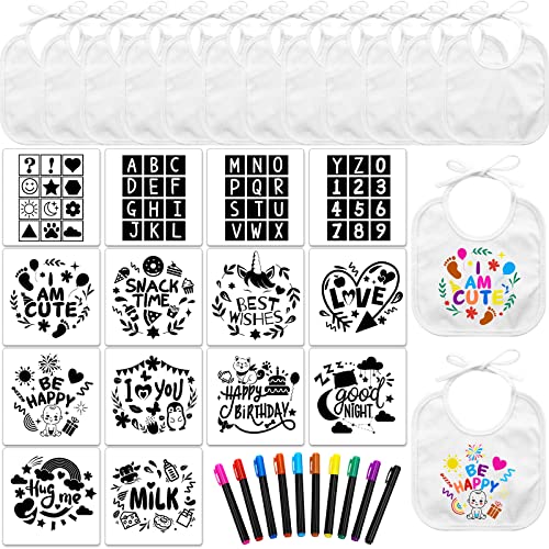 38 Pcs DIY Baby Bibs Set Includes 14 Bibs and 14 Stencils with 10 Fabric Markers 2 Ply Knit Terry Feeder Bibs Baby Drooling Bibs Newborn Cloth Bibs for Baby Shower Party Baby Gender Reveal Games