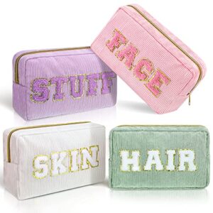4 pcs makeup bags chenille letter patch cosmetic bag portable travel zipper pouch small organizer makeup bag set for women (purple, pink, white, green, fresh)