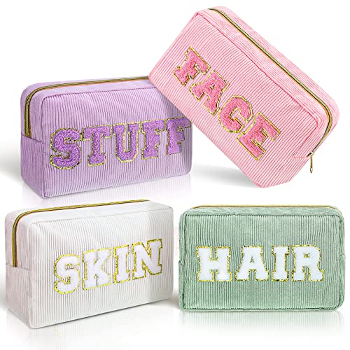 4 Pcs Makeup Bags Chenille Letter Patch Cosmetic Bag Portable Travel Zipper Pouch Small Organizer Makeup Bag Set for Women (Purple, Pink, White, Green, Fresh)