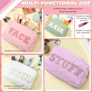 4 Pcs Makeup Bags Chenille Letter Patch Cosmetic Bag Portable Travel Zipper Pouch Small Organizer Makeup Bag Set for Women (Purple, Pink, White, Green, Fresh)